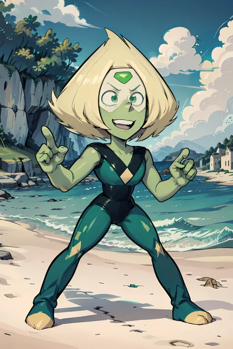 <lora:Peridot:1> peridot, colored skin, green skin, blonde hair, forehead jewel, green eyes, smile, full body, beach background,