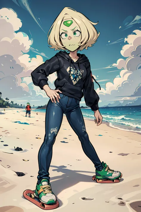<lora:Peridot:1> peridot, colored skin, green skin, blonde hair, forehead jewel, green eyes, beach background, (((black hoodie))), (((blue jeans))), (((skate shoes))),