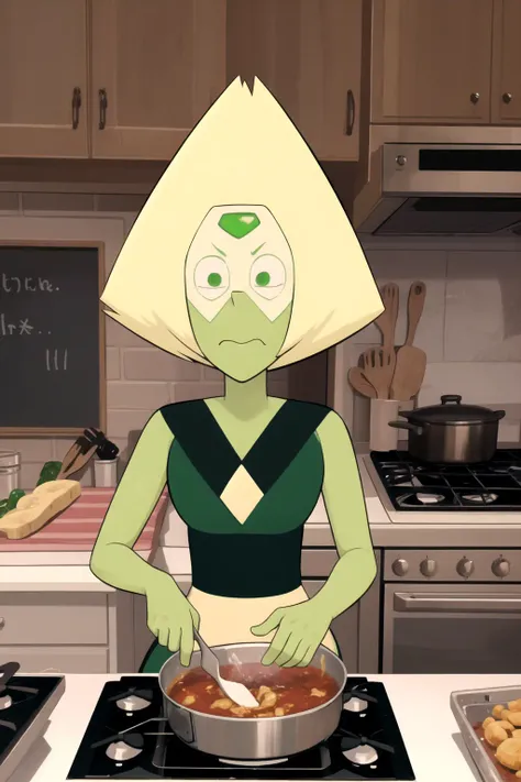 masterpiece, best quality, 1girl, peridot, green skin, cooking, indoors, kitchen background <lora:Peridot:1>