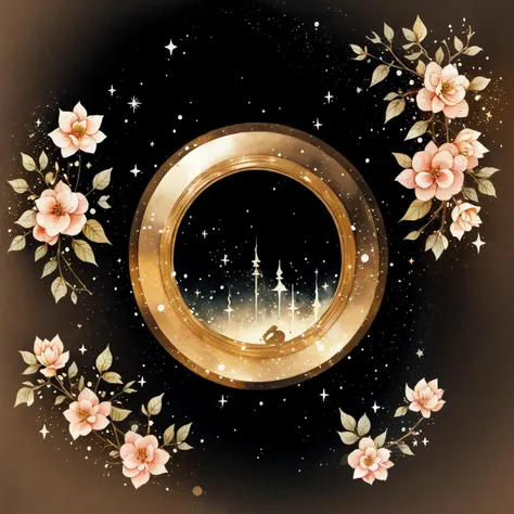 circle avatarframe , black background,no human, moon, sparkle, petals,retro style,ancient customs,Watercolor style,<lora:avatarFrameGenerator_v10Circle:1>