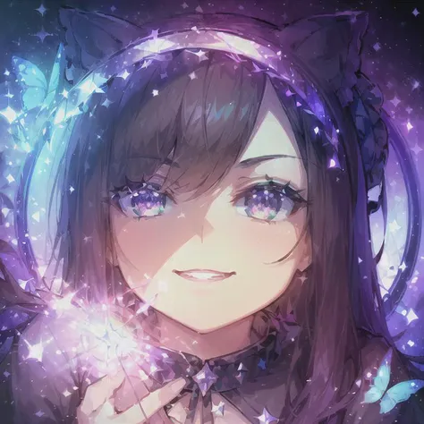 (masterpiece:1.4), best quality:1.4, 1girl,  (((circle avatarframe framing Marie_R))), open mouth, wicked grin, <lora:Marie_R:0.7>, black background, bug, butterfly, star \(symbol\), crystal, sparkle, light particles, glowing, silhouette <lora:circle_frame_v2:0.8>