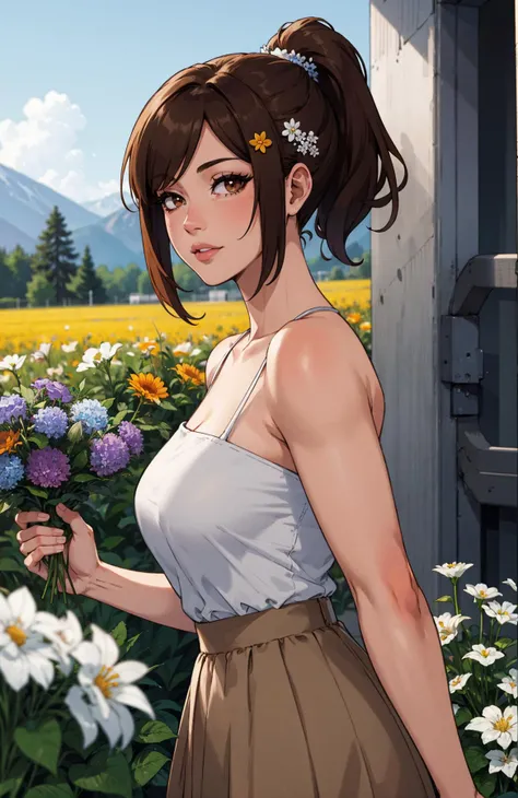 masterpiece, best quality, 1girl, solo, <lora:EPscFuu-07:0.9>, EPscFuu, brown hair, brown eyes,short hair, ponytail, hair ornament, close-up, flower field, flowers, day, sunny, standing, tube top, pleated skirt, heart eyes
<lora:Add Detail:0>,
<lora:Lgirl Slider:-4> ,