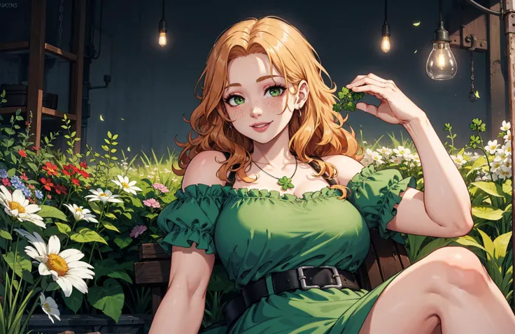 1girl, ginger hair, plump, curvy, posing, laying on back,
green eyes, pale skin, freckles, 
clover necklace, clover in hair, happy, smile, wavy hair, curly hair,
holding flowers, smelling flowers, bare shoulders, green dress, puffy short sleeves,  
meadow, clovers everywhere, plants,
studio lighting,
<lora:Add Detail:0>,
<lora:Lgirl Slider:-1> ,