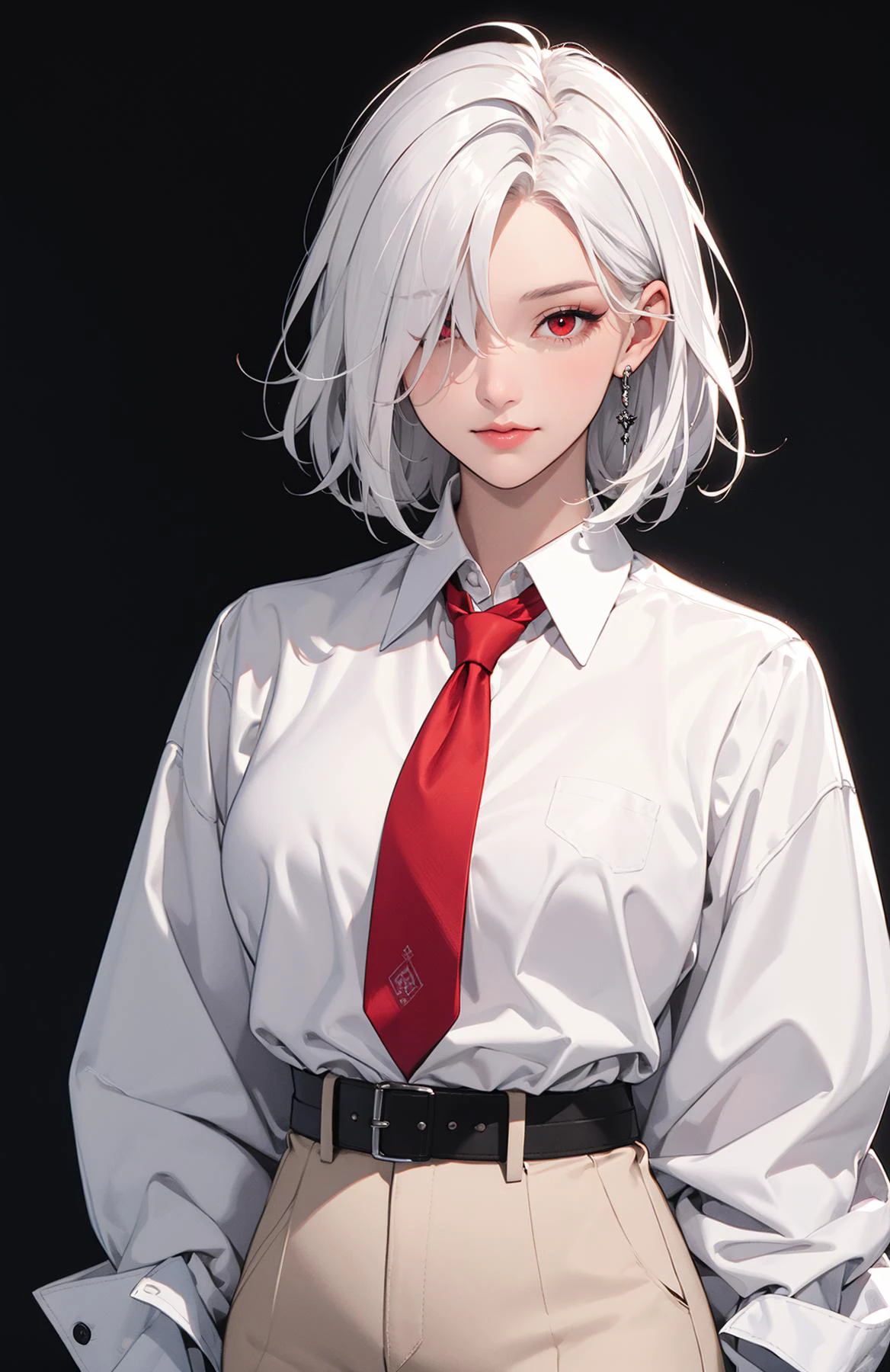 masterpiece, best quality, 1girl, solo, medium hair, white hair, hair over one eye, red eye, collared shirt, white shirt, long sleeves, red necktie, medium breasts, black pants, black gloves, simple background,
<lora:Add Detail:0>,
<lora:Lgirl Slider:-4> ,