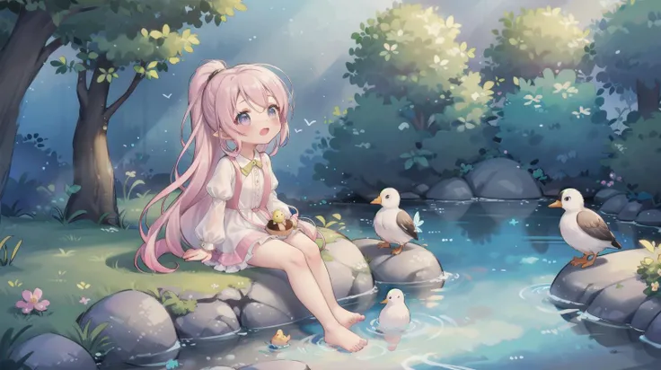 <lora:Lgirl-v6_500steps:1.5> 1girl, (high quality:1.2), (ultra detailed:1.2), ((absurdres)), ((masterpiece)), ultra detailed background, CG, <lora:Fanny:0.8> fanny, pink hair, silver eyes, very long hair, pointy ears, ponytail, sitting on rock, feet in water, bird on head, birds, duck, sparrow, Pigeon, butterfly, looking up, singing, cozy, pond, forest, flowers, pastel tones,