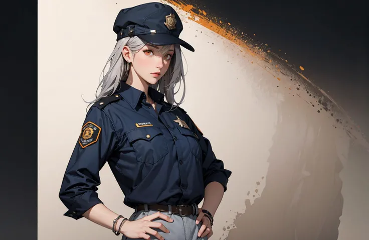 1girl,(solo:1.6) , black headwear, black pants, black shirt, bracelet, brown background, closed mouth, cowboy shot, gradient background, grey hair, hands on own hips, hat, horns, jewelry, long hair, looking at viewer, official alternate costume, orange eyes, pants, plate carrier, police hat, profile, shirt, sleeves rolled up, solo, walkie-talkie, white background, masterpiece, best quality,
<lora:Add Detail:0>,
<lora:Lgirl Slider:-4> ,