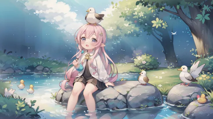 <lora:Lgirl-v6_500steps:1.5> 1girl, (high quality:1.2), (ultra detailed:1.2), ((absurdres)), ((masterpiece)), ultra detailed background, CG, <lora:Fanny:0.8> fanny, pink hair, silver eyes, very long hair, pointy ears, ponytail, sitting on rock, feet in water, bird on head, birds, duck, sparrow, Pigeon, butterfly, looking up, singing, cozy, pond, forest, flowers, pastel tones,