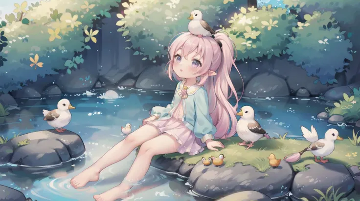 <lora:Lgirl-v6_500steps:1.5> 1girl, (high quality:1.2), (ultra detailed:1.2), ((absurdres)), ((masterpiece)), ultra detailed background, CG, <lora:Fanny:0.8> fanny, pink hair, silver eyes, very long hair, pointy ears, ponytail, sitting on rock, feet in water, bird on head, birds, duck, sparrow, Pigeon, butterfly, looking up, singing, cozy, pond, forest, flowers, pastel tones,
