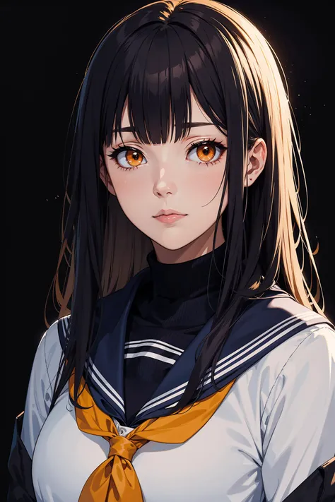 ciloranko, 1girl, arms at sides, backlighting, bangs, black background, black hair, black shirt, blue sailor collar, blue serafuku, blunt bangs, cardigan, closed mouth, dark background, expressionless, jacket, long hair, long sleeves, looking at viewer, medium hair, neckerchief, orange eyes, painterly, sailor collar, school uniform, serafuku, shirt, simple background, solo, straight-on, turtleneck, upper body, yellow eyes, <lora:Lgirl Slider:-4>,