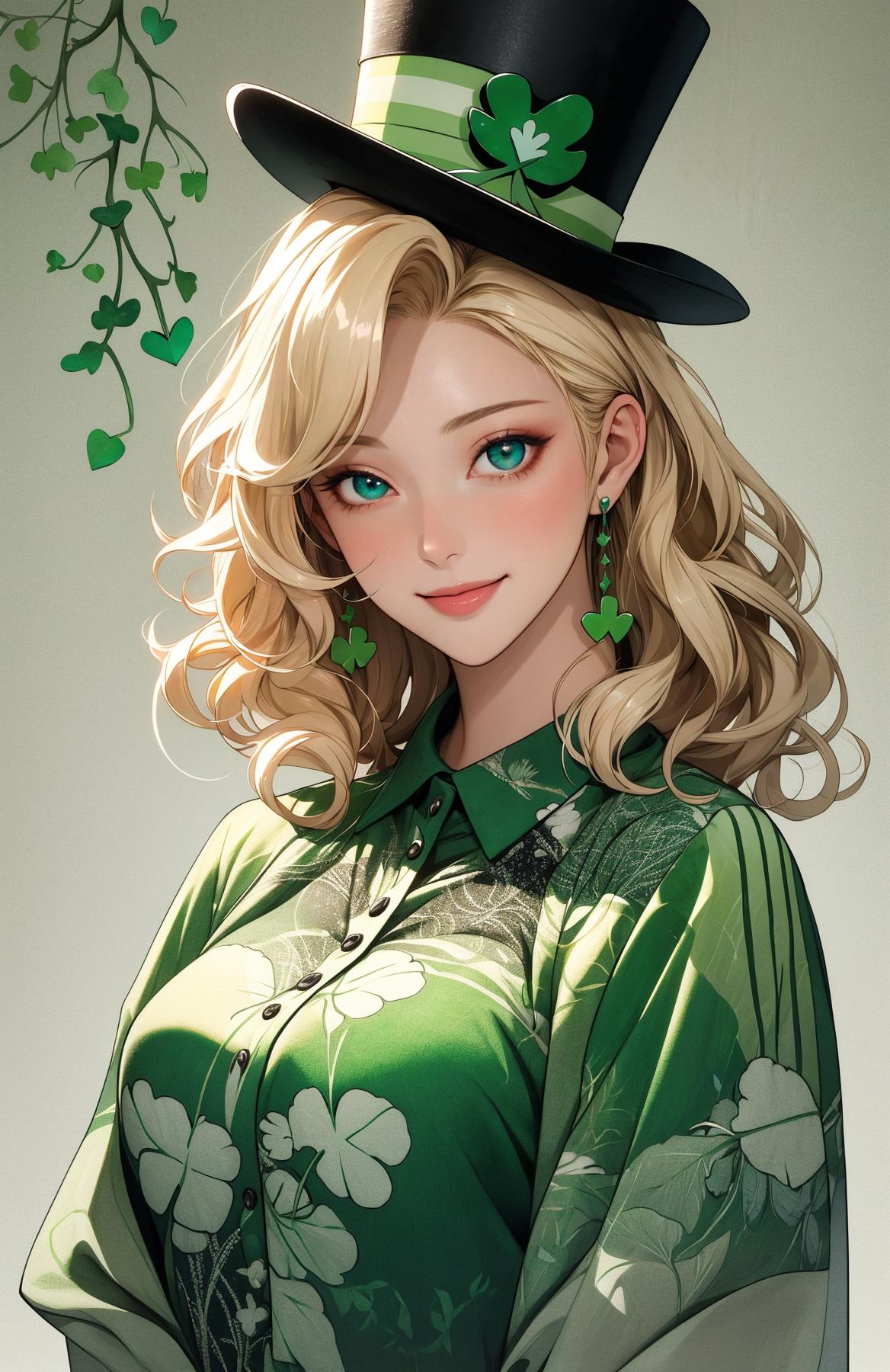 A woman in a green dress and top hat with shamrocks - SeaArt AI