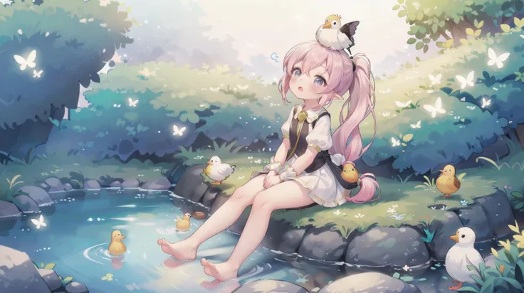 <lora:Lgirl-v6_500steps:1.5> 1girl, (high quality:1.2), (ultra detailed:1.2), ((absurdres)), ((masterpiece)), ultra detailed background, CG, <lora:Fanny:0.8> fanny, pink hair, silver eyes, very long hair, pointy ears, ponytail, sitting on rock, feet in water, bird on head, birds, duck, sparrow, Pigeon, butterfly, looking up, singing, cozy, pond, forest, flowers, pastel tones,