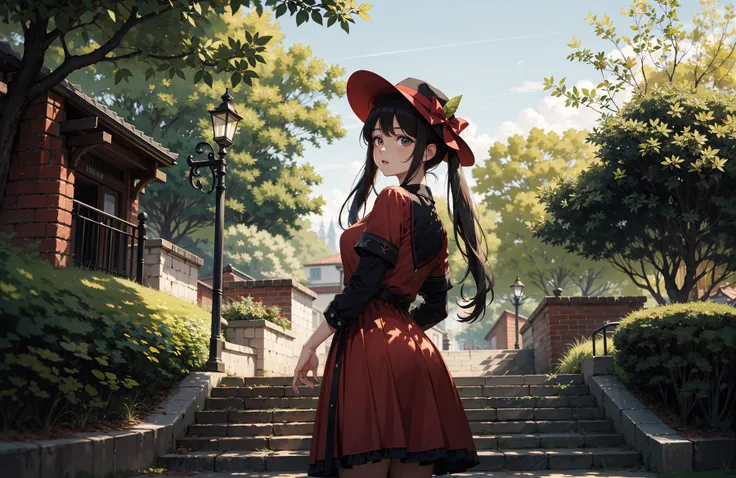 ((masterpiece)), ((ultra-detailed)), pixiv, best shadows, best lighting, best quality, absurdres, highres, cinematic shot,1girl, solo, long hair, brunette, twin tails, hat,dress, red dress,tree, outdoor, standing, stairs, leaves, looking at viewer
<lora:Add Detail:0>,
<lora:Lgirl Slider:-1> ,