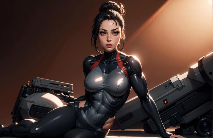 (masterpiece, best quality, hires, high resolution:1.2), (extremely detailed, realistic, intricate details, highres),solo, 1girl, thin, petite, pose, looking at viewer, full body, light blush,3d, cg, woman, muscular, abs, shiny skin, black hair, blush, freckles, eyeliner, eyeshadow, eyelashes, bun, plugsuit, science fiction, (cinematic lighting, sunlight, volumetric), simple red background, film grain,
<lora:Add Detail:0>,
<lora:Lgirl Slider:-1> ,