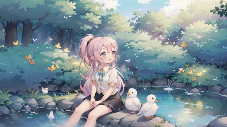 <lora:Lgirl-v6_500steps:1.5> 1girl, (high quality:1.2), (ultra detailed:1.2), ((absurdres)), ((masterpiece)), ultra detailed background, CG, <lora:Fanny:0.8> fanny, pink hair, silver eyes, very long hair, pointy ears, ponytail, sitting on rock, feet in water, bird on head, birds, duck, sparrow, Pigeon, butterfly, looking up, singing, cozy, pond, forest, flowers, pastel tones,