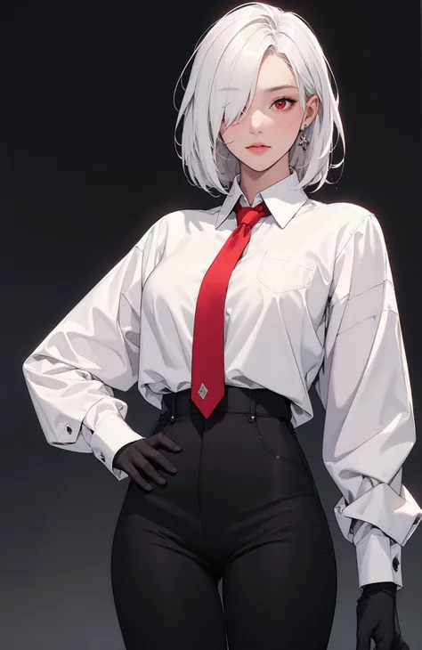 masterpiece, best quality, 1girl, solo, medium hair, white hair, hair over one eye, red eye, collared shirt, white shirt, long sleeves, red necktie, medium breasts, black pants, black gloves, cowboy shot, simple background,
<lora:Add Detail:0>,
<lora:Lgirl Slider:-4> ,