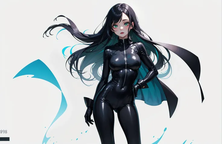 1girl,full body,bow,grey hair,standing,looking at viewer,blush,simple background,white background,score_9,score_8_up,shego, green eyes, pale skin, long black hair, black lipstick, green and black bodysuit, gloves, 
<lora:Add Detail:0>,
<lora:Lgirl Slider:-1> ,