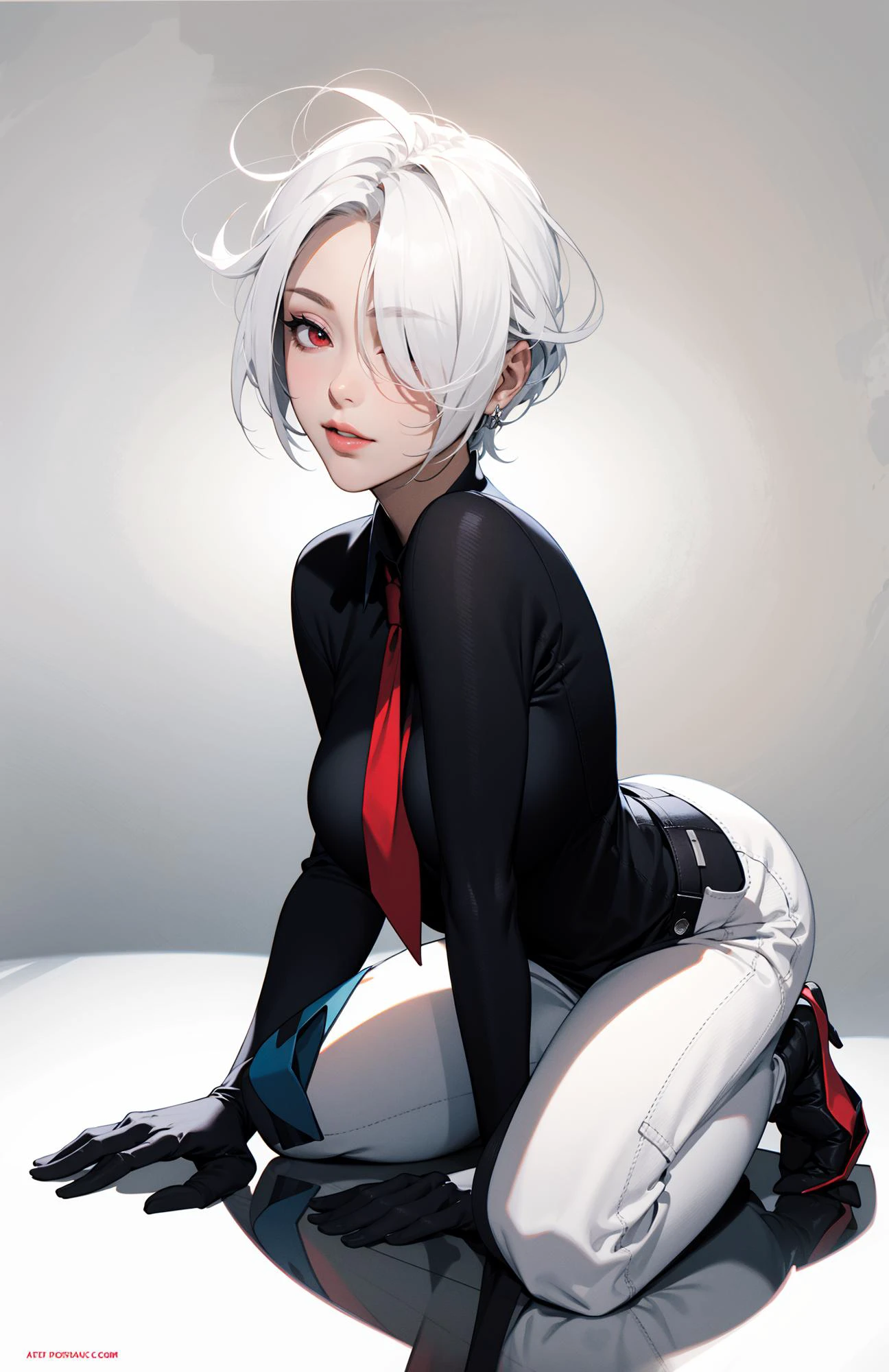 masterpiece, best quality, 1girl, solo, playful, sexy, posing, medium hair, white hair, hair over one eye, red eye, collared shirt, white shirt, long sleeves, red necktie, medium breasts, black pants, black gloves, simple background,
<lora:Add Detail:0>,
<lora:Lgirl Slider:-4> ,