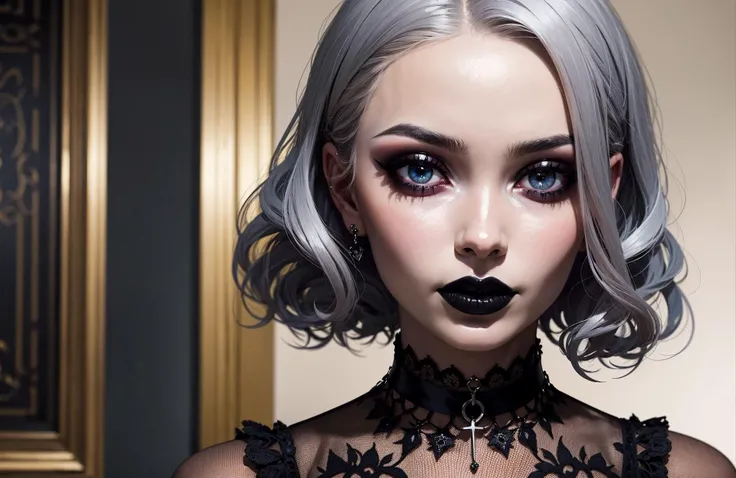 (masterpiece, best quality, beautiful and aesthetic:1.3), 1girl, solo, <lora:r0m4nt1cg0th:0.4>, closeup portrait, r0m4nt1cg0th, black makeup, close-up, portrait, gothic makeup, black lipstick, (black hair, silver eyes, choker, gothic dress), beautiful face, beautiful eyes, glossy skin, shiny skin, indoors, ballroom
<lora:Add Detail:0>,
<lora:Lgirl Slider:-1> ,