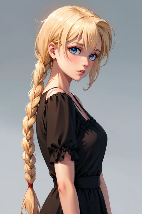 1girl, (blonde hair, blue eyes, sl, (twin braids:1.4), sharp eyes,pale skin), (black dress), <lora:SlavyaLoraV5:0.8>, <lora:Lgirl Slider:-1>, <lora:GoodHands-vanilla:1>,(BW:1.3)