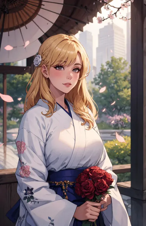 1girl holding a rose in her hand, white kimono, outside in a japanese garden, sakura petals, solo, long hair, blonde hair, heart, curvy, romantic, sunset, (from front), upper body, impressionism,
<lora:Add Detail:0>,
<lora:Lgirl Slider:-4> ,