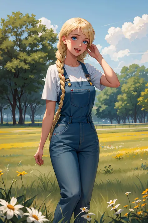 1girl, (blonde hair, blue eyes, sl, (twin braids:1.4)), full body, field, day, sunny, (dynamic pose), overalls, silver shirt, star earrings, frills, :D, Spot Metering shot
<lora:Slavya (ES):0.8>,
<lora:Lgirl Slider:-2>, <lora:Good Hands:1>