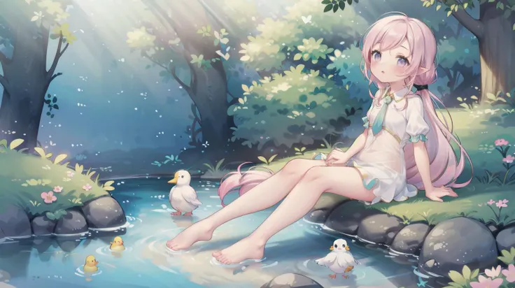 <lora:Lgirl-v6_500steps:1.5> 1girl, (high quality:1.2), (ultra detailed:1.2), ((absurdres)), ((masterpiece)), ultra detailed background, CG, <lora:Fanny:0.8> fanny, pink hair, silver eyes, very long hair, pointy ears, ponytail, sitting on rock, feet in water, bird on head, birds, duck, sparrow, Pigeon, butterfly, looking up, singing, cozy, pond, forest, flowers, pastel tones,