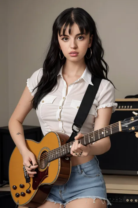 high quality photo of  <lora:RebeccaBlack:1> rebeccablack
playing guitar