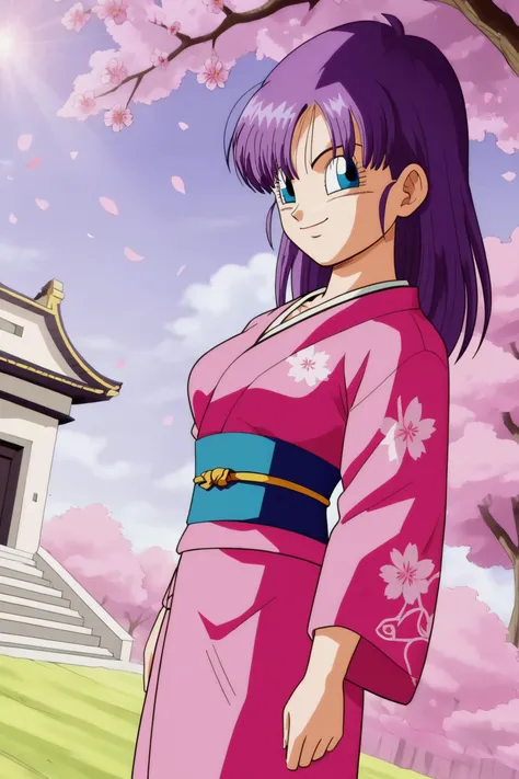 source_anime, score_9, score_8_up, score_7_up, anime screencap,8k, absurd res,
bra \(dragon ball\), 1girl, solo, smile, purple hair, blue eyes, hair down, 
 sunlight, kimono, cherry blossoms, sash, floating hair, temple, dutch angle, 
 <lora:bra_pony_v1:0.8>