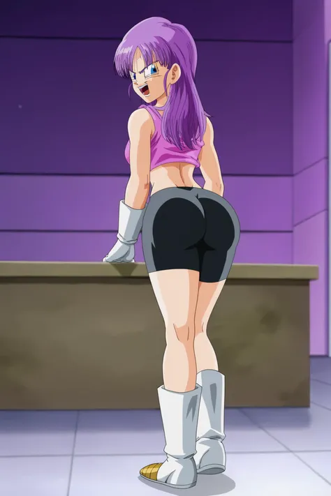 source_anime, score_9, score_8_up, score_7_up, anime screencap,8k, absurd res,
bra \(dragon ball\), 1girl, solo, long hair, open mouth, blue eyes, purple hair, ass, boots, looking back, white gloves, from behind, bike shorts, pantylines, hair down, (saiyan bots)
 <lora:bra_pony_v1:0.8>