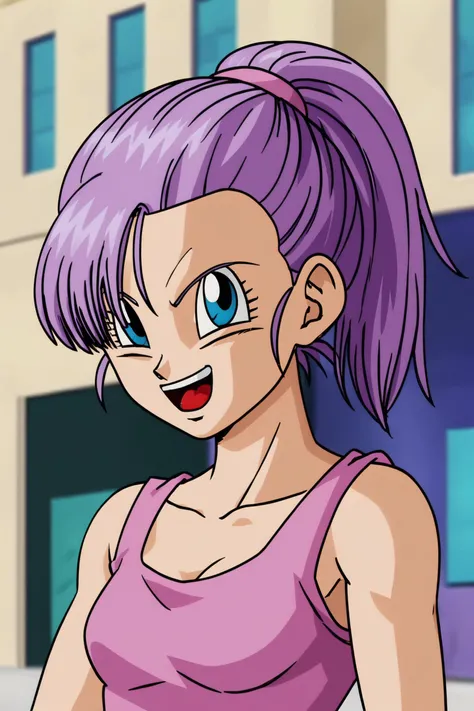 source_anime, score_9, score_8_up, score_7_up, anime screencap,8k, absurd res,
bra \(dragon ball\), 1girl, solo, smile, short hair, open mouth, blue eyes, ponytail, purple hair, :d, portrait, purple crop top
 <lora:bra_pony_v1:0.8>