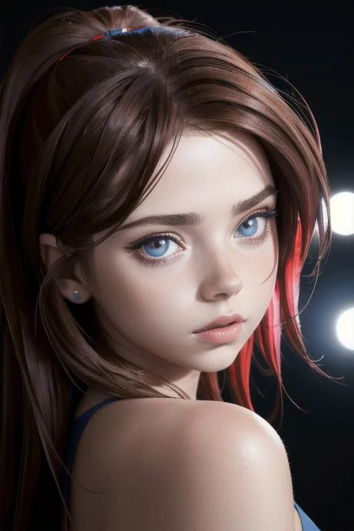 (headshot:1.2) portrait on a (plain dark background:1.2), (headshot:1.2), (face focus:1.1), intricate (beautiful eyes:1.2), (wide open eyes:1.1), Big eyes, clean photo, lighting from behind, (Red lighting from the left:1.3), (Blue lighting from the right:1.3), bokeh, f1.4, 40mm, photorealistic, raw, 8k, textured skin, skin pores, intricate details M4r1n4V1sc0nt1_HM-135