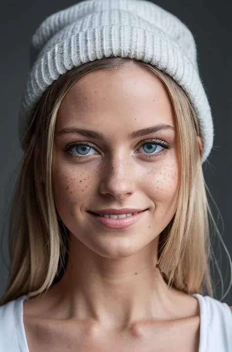 (JannaR), RAW photo, a close up portrait, 20yo, blonde_hair, blue_eyes, (freckles:0.8), hat, lips, long_hair, looking_at_viewer, photo_\(medium\), photorealistic, realistic, smile, solo, upper_body, (high detailed skin:1.2), 8k uhd, dslr, soft lighting, high quality, film grain, Fujifilm XT3