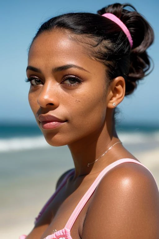 beautiful dark skinned hispanic adult mature woman, green eyes, full lips, small breasts on moonlit beach,Raw Photo, Fujicolor Superia X-tra 400 film, grain, high ISO i can't believe how beautiful this is!!!!!!beautiful detailed eyes,blurry hair, beautiful detailed hair,beautiful realistic face, perfect hair,short hair with side ponytail,short hair with ponytail,disheveled hairdress,hair pin, hair cloned face,hair scrunchie, hair ribbon, hair scrunchie, hair scrunchie, hairs between eyes full shot (fs)