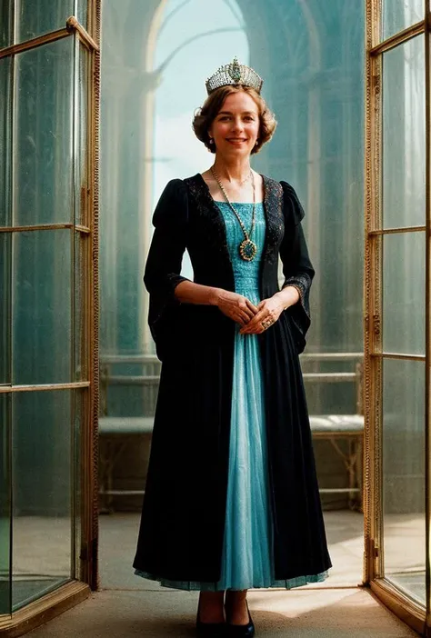 ((Close up masterpiece portrait)) of (57  yo [Austrian | Russian | Hungarian] ((Royal woman in ceremonial European dress))((standing inside very large mystical glass throne room)) located within [the African savanna | Rocky Mountains | Bermuda] ((ouside is vibrant colorful sunset)) style of Annie Leibovitz (phi ratio composition)(timely perspective)(wide angle lens)  in the ((style of [National Archive | WPA | LIFE] photos)BREAK(post-processing: oversharpen, expert dodge and burn, ISO 400 color film noise, corner darken vignette) <lora:BetterHands:2> <lora:DepthOfFieldSliders:0.8> <lora:Better Portrait Lighting:0.4> <lora:EmotionSliders:1.5> <lora:Film-Grain:0.4> <lora:HDhelper:0.2> <lora:skinny_new_skin:0.2> <lora:Saturation:1.2> <lora:ContrastControl:1.2>