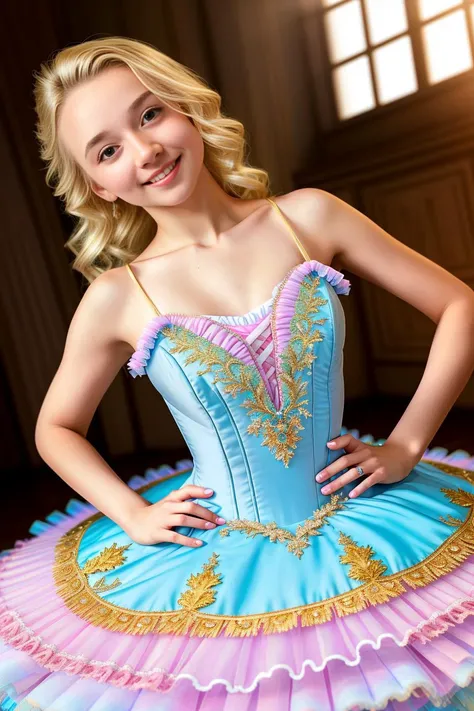 Masterpiece, absurdres, HDR, highly detailed eyes and face, mkayv3-1000, Primaballerina_tutu, short tutu, blonde hair, blue eyes, happy, smiling, a woman in a ballgown is posing for a picture, wearing a Primaballerina_tutu, wearing a ballgown, ((full body picture)), <lora:ballgownBallerina:0.7>
