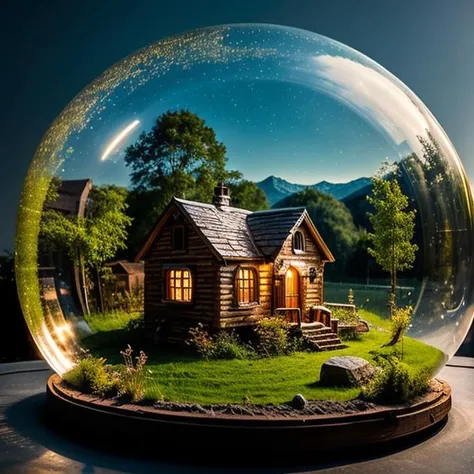 mini house, landscape, old fashion, nature, night light, a bubble, in the bubble, high detailed, masterpiece, best quality, <lora:Bubble_Sora:0.4>, (masterpiece,best quality:1.5)