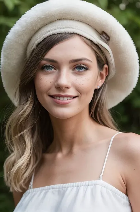 (JannaR), RAW photo, a close up portrait, 20yo, blonde_hair, blue_eyes, (freckles:0.8), hat, lips, long_hair, looking_at_viewer, photo_\(medium\), photorealistic, realistic, smile, solo, upper_body, (high detailed skin:1.2), 8k uhd, dslr, soft lighting, high quality, film grain, Fujifilm XT3