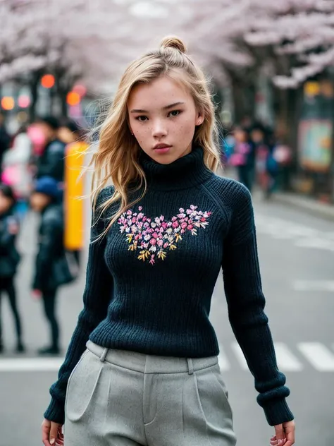 photo of (ryamp0lsky:0.99), a woman, perfect hair, award-winning photo, sfw, wearing (Oversized Turtleneck, Bermuda Capris), (A vibrant, bustling Seoul street during cherry blossom season), 70mm, f/8, ((auto focus, color, DOF, Aperture, 8k uhd, dslr, cinematic lighting, insanely detailed and intricate, photographed by a Nikon Z7 II Camera, character, hypermaximalist), (looking at viewer:1.3), appealing, attractive, amative, perfect skin, (detailed background), hyper realistic, super detailed), (DOF, blurry background, bokeh), epiCPhoto, <lora:add_detail:0.5>