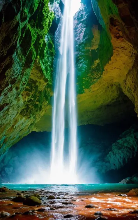 floor level photo within Naica Crystal Cave in Mexico, asymmetric cave viewing the largest most spectacular crystals in many colors,  rustling waters after heavy rainfall [rushing  underground waters] [perfect natural lighting conditions] with a feeling of splendor and humility [long exposure on wide format bellows camera] [rays of sunshine on the crystal cave floor] [surreal beauty] with true film high dynamic range award winning, legacy artwork, 8k [post-processing: adjust curves to "S", unsharp mask .25, dodge and burn, dark edge vignette]