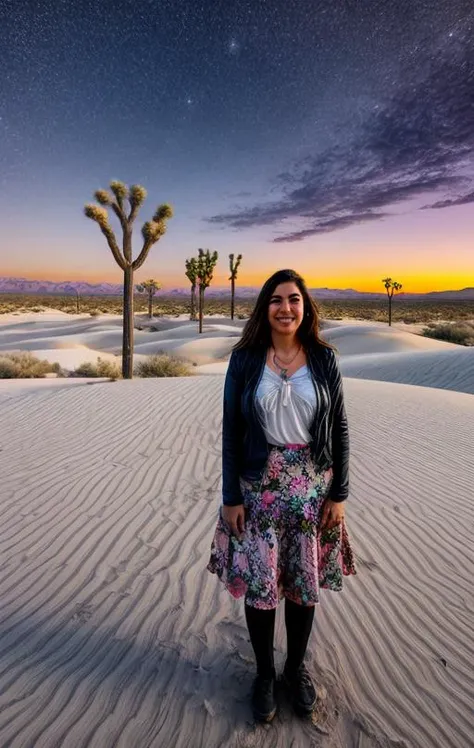 27 yo tall Mexican woman standing in white sands NM at dusk, flowering Yuccas, Joshua trees, colorful milkyway sky<lora:MoreDetails:.75> <lora:DepthOfFieldSliders:-.5>