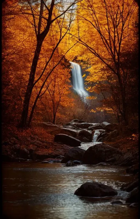 [Contest] photo of a [colorful Fall forest in upper Michigan],[sunshine shines intowater and forest floor][after rainfall wet leaves and rushing water], [breathtaking stone and landscape], [maple, oak, birch, pine], [ideal morning sunshine], [movie atmosphere], [dramatic camera angle], [medium format bellows camera], in the style of [Ansel Adams][post-processing: oversharpen, expert dodge and burn, ISO 400 color film noise, corner darken vignette]