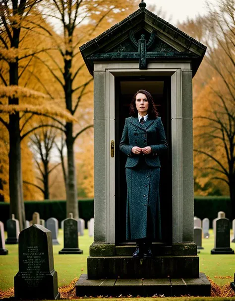 [AD Magazine] closeup photo of a  [28 yo Scottish Welch woman], [side view], [moving towards through (cemetery mausoleum)], [steadycam], (background motion blur)[adrenaline filled], [dusk Fall Autumn afternoon sun after rain plus flash fill lighting], [high camera angle], [Nikon DSLR with wide angle fisheye lens], in the style of horror s] <lora:DepthOfFieldSliders:0.6> <lora:HDhelper:0.4> <lora:EmotionSliders:0.6> <lora:BetterHands:2> <lora:skinny_new_skin:0.4>