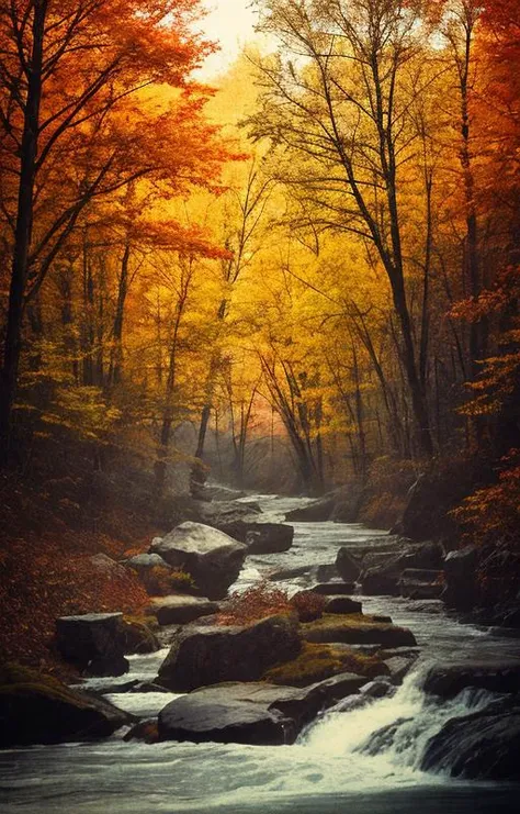 [Contest] photo of a [colorful Fall forest in upper Michigan],[sunshine shines intowater and forest floor][after rainfall wet leaves and rushing water], [breathtaking stone and landscape], [maple, oak, birch, pine], [ideal morning sunshine], [ atmosphere], [dramatic camera angle], [medium format bellows camera], in the style of [Ansel Adams][post-processing: oversharpen, expert dodge and burn, ISO 400 color film noise, corner darken vignette]