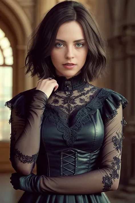 long shot,front view,(hight quality:1.5),((Realistic Beautiful eyes)),(8k), (HDR),fashion photography,cinematic lighting，sharp focus,laugh:1,
(( BOB hair )),Gradient hair,dark color hair ,one woman,delicate hands，(Wearing Gothic black dress),((hair shoulder length))，in the style of Gothic,
European style castle movie scenes，((highly detailed hands))，