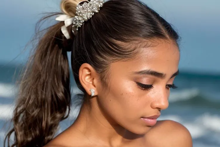 beautiful dark skinned hispanic woman on moonlit beach,Raw Photo, Fujicolor Superia X-tra 400 film, grain, high ISO i can't believe how beautiful this is!!!!!!beautiful detailed eyes,blurry hair, hair ribbon, hair between eyes, beautiful detailed hair,beautiful realistic face, perfect hair,short hair with side ponytail,short hair with ponytail,disheveled hairdress,hair pin, hair cloned face,hair scrunchie, hair ribbon, hair scrunchie, hair scrunchie, hairs between eyes full shot (fs)