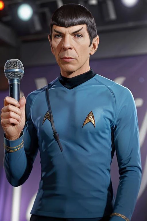 portrait of Spock, Standing on a stage, Singing Karaoke, holding a microphone, bokeh background, simple background, (highly detailed skin:1.0), (masterpiece:1.2) (photorealistic:1.2) (bokeh) (best quality) (intricate details) (8k) (HDR) (analog film) (canon d5) (cinematic lighting) (sharp focus), <lora:Spock:0.7>