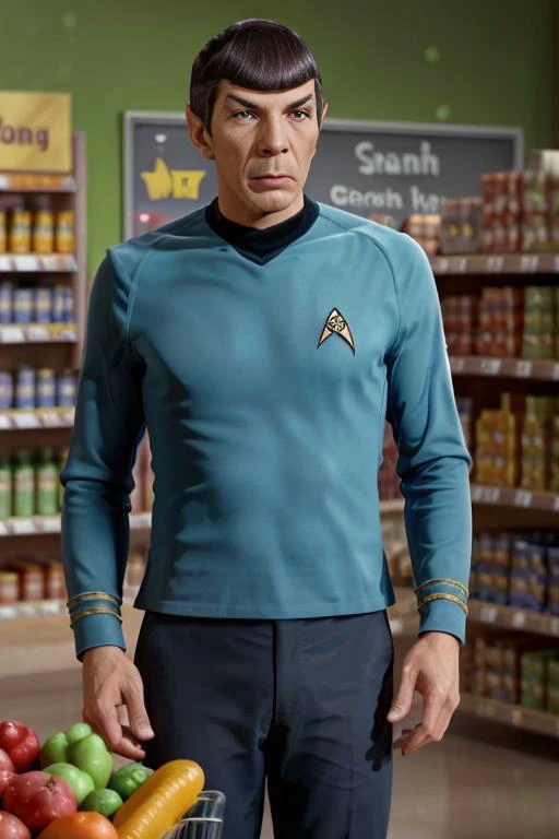 portrait of Spock, (dancing:1.2) in the supermarket, bokeh background, simple background, (highly detailed skin:1.0), (masterpiece:1.2) (photorealistic:1.2) (bokeh) (best quality) (intricate details) (8k) (HDR) (analog film) (canon d5) (cinematic lighting) (sharp focus), <lora:Spock:0.7>