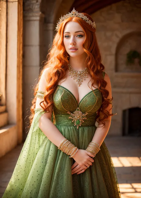 a portrait of a sexy ginger Princess, she has long wavy hair, (light freckles, beauty spots:1.2), she is wearing a beautiful multiple stitched layers green ballgown with onyx accent, encrusted with jewels, intricate pattern, detailed
background of a castle backyard garden, sunset, sun-kissed, sunflare, <lora:xEpi:1.4>