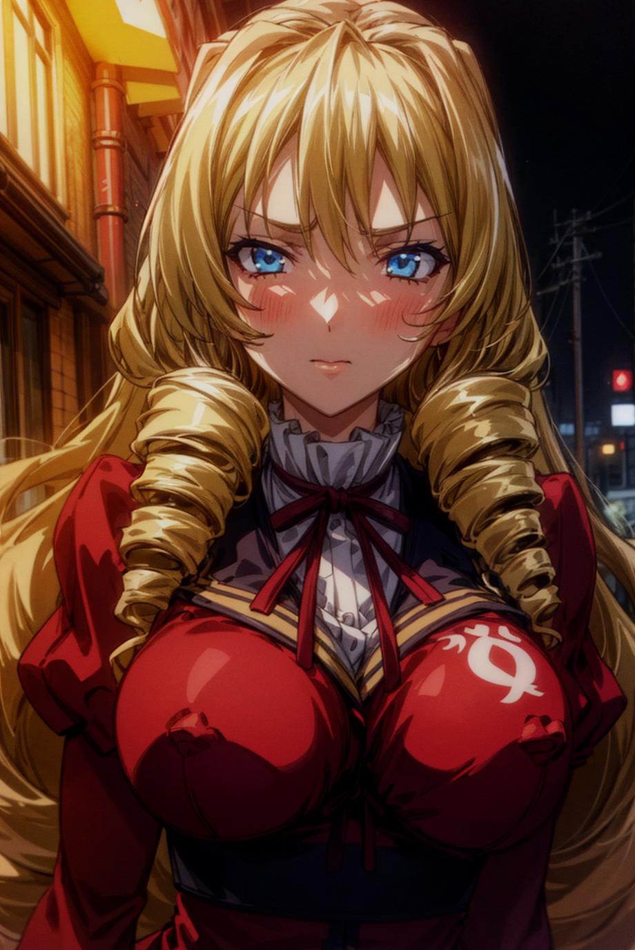 A woman with long blonde hair and blue eyes in a red dress - SeaArt AI