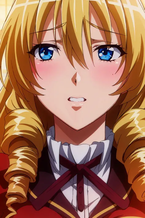 ribbon tie,red school uniform,red dress,long_sleeves,black pantyhose, <lora:Himeno_Ryuguuji_Gakuen_Saimin_Reido-KK77-V2:0.7>, blonde hair,very long hair, drill hair,twin_drills,blue_eyes,
1 girl, 20yo,Young female,Beautiful Finger,Beautiful long legs,Beautiful body,Beautiful Nose,Beautiful character design, perfect eyes, perfect face,expressive eyes, looking at viewer, in the center of the image,(light_smile:0.5), official art,extremely detailed CG unity 8k wallpaper, perfect lighting,Colorful, Bright_Front_face_Lighting,shiny skin, (masterpiece:1.0),(best_quality:1.0), ultra high res,4K,ultra-detailed, photography, 8K, HDR, highres, absurdres:1.2, Kodak portra 400, film grain, blurry background, bokeh:1.2, lens flare, (vibrant_color:1.2) (Beautiful,large_Breasts:1.0), (beautiful_face:1.5),(narrow_waist)